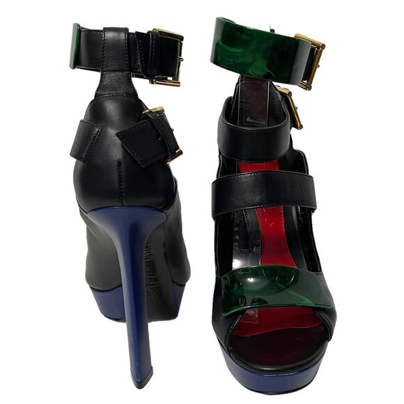NWOB ALEXANDER MCQUEEN French Gloss Leather Marbled Plexi Platform Buckle Heels - Picture 4 of 15